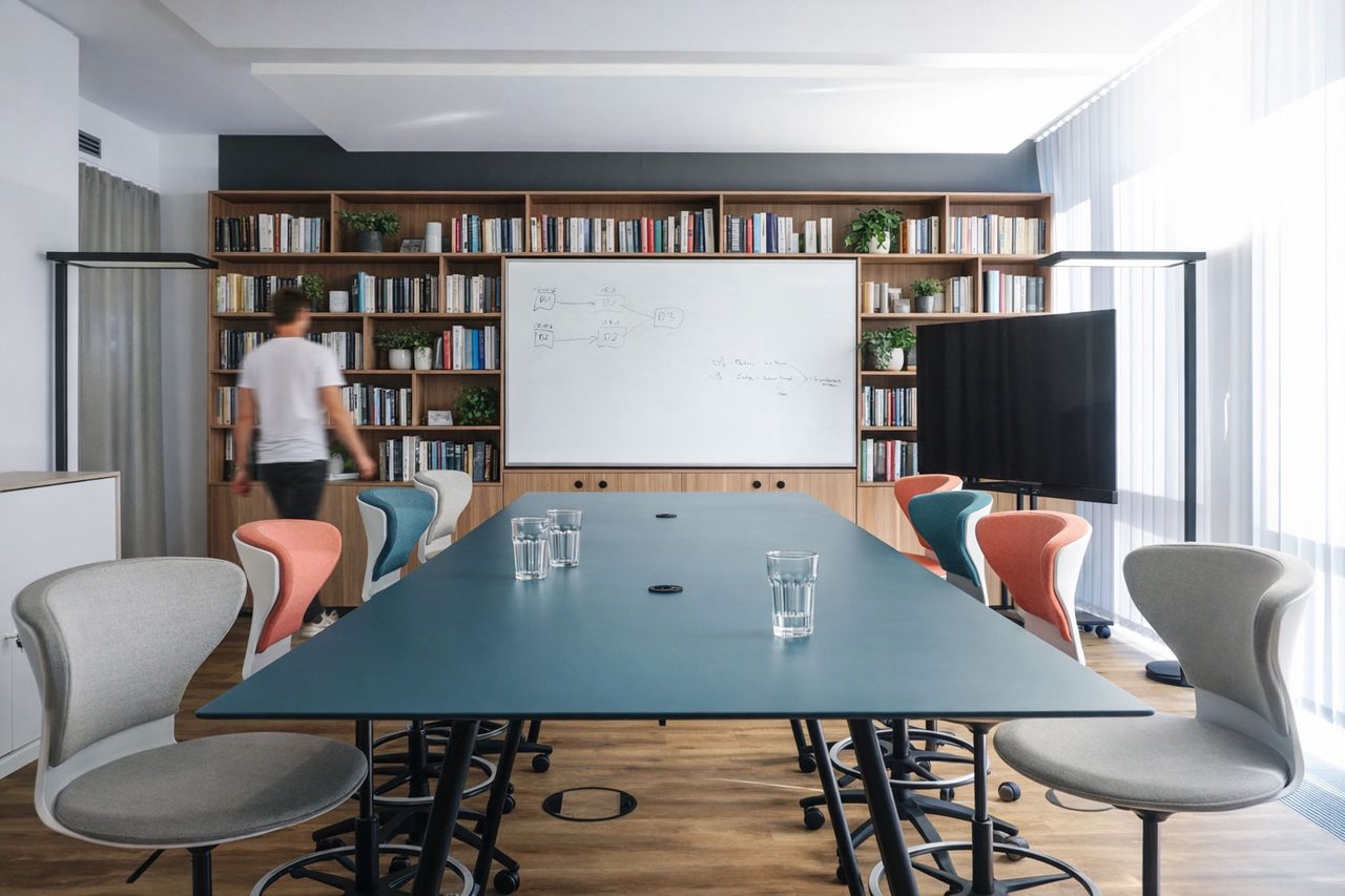 Besprechungsraum mit langem blaugrünem Tisch, Bücherregal und Whiteboard, eine Person steht am Regal
