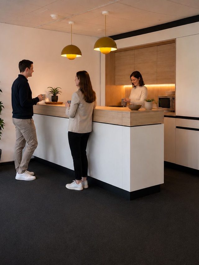 Coffee Point: drei Personen stehen an einem Tresen aus hellem Holz, darüber zwei gelbe Kugelleuchten, links eine Wand aus Holzlamellen