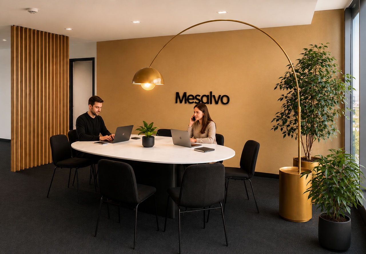 Besprechungsraum mit rundem weißem Tisch, schwarzen Stühlen und Bogenlampe vor einer ockerfarbenen Wand mit dem Mesalvo-Schriftzug