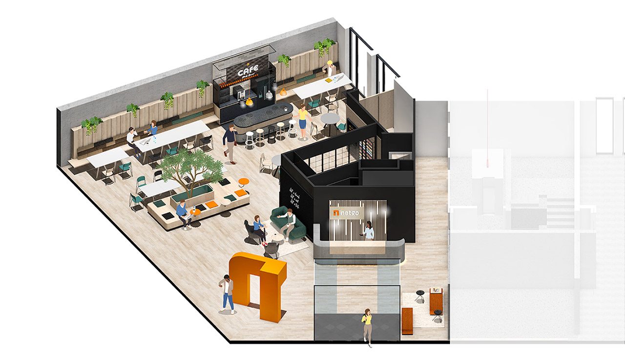 Isometrische Darstellung einer Etage mit Bistro, Sitzbereichen und Arbeitsplätzen