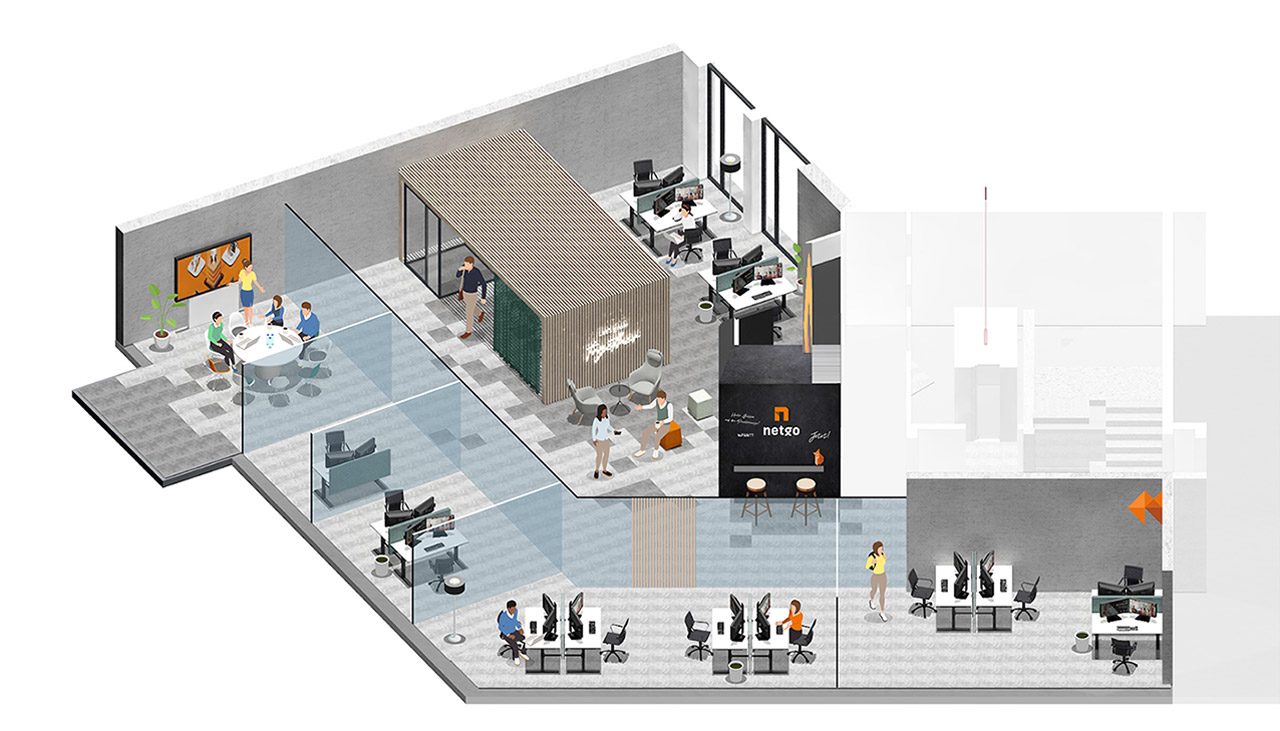 Isometrische Etagendarstellung mit Empfang, Aufzug und Arbeitsplätzen