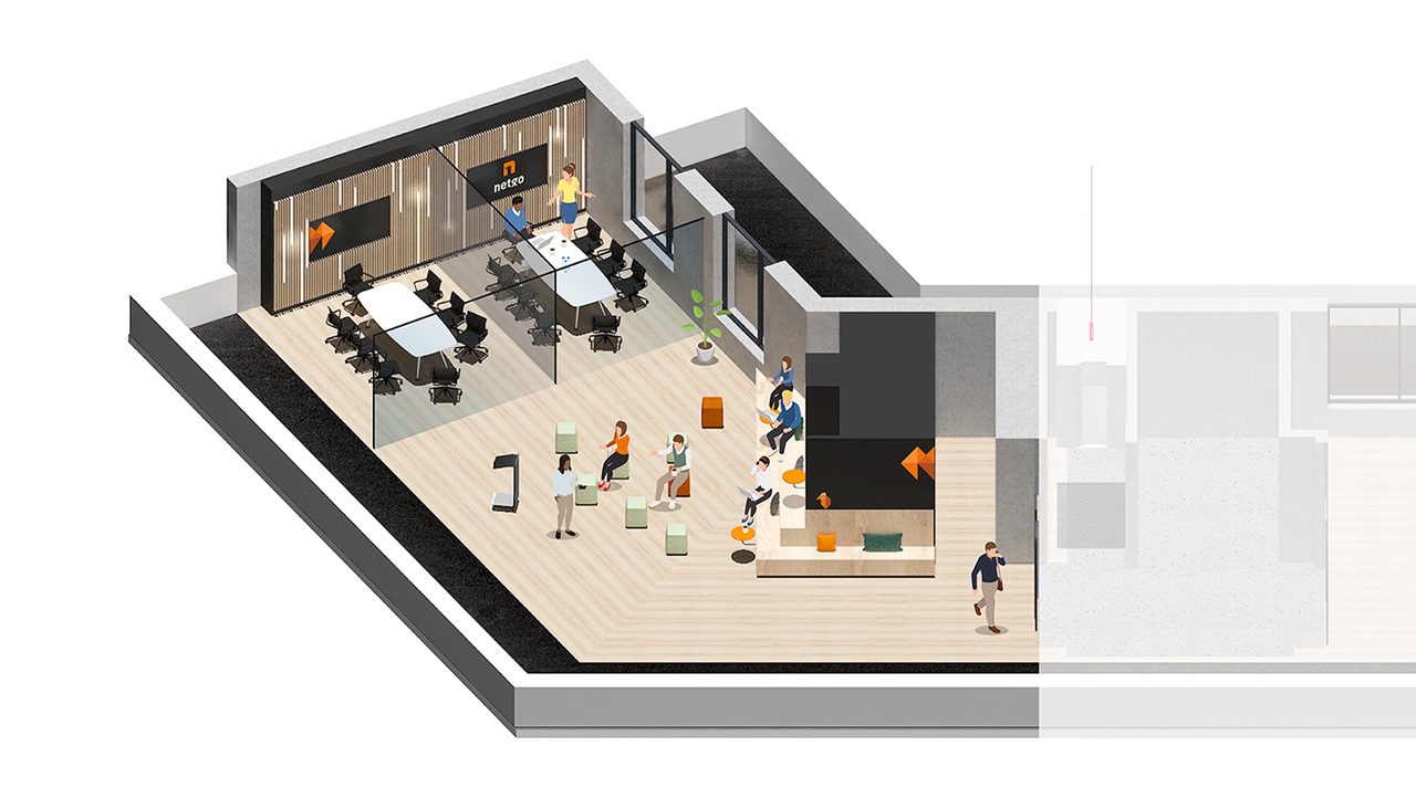 Isometrische Darstellung der obersten Etage mit Konferenzbereich und Dachterrasse