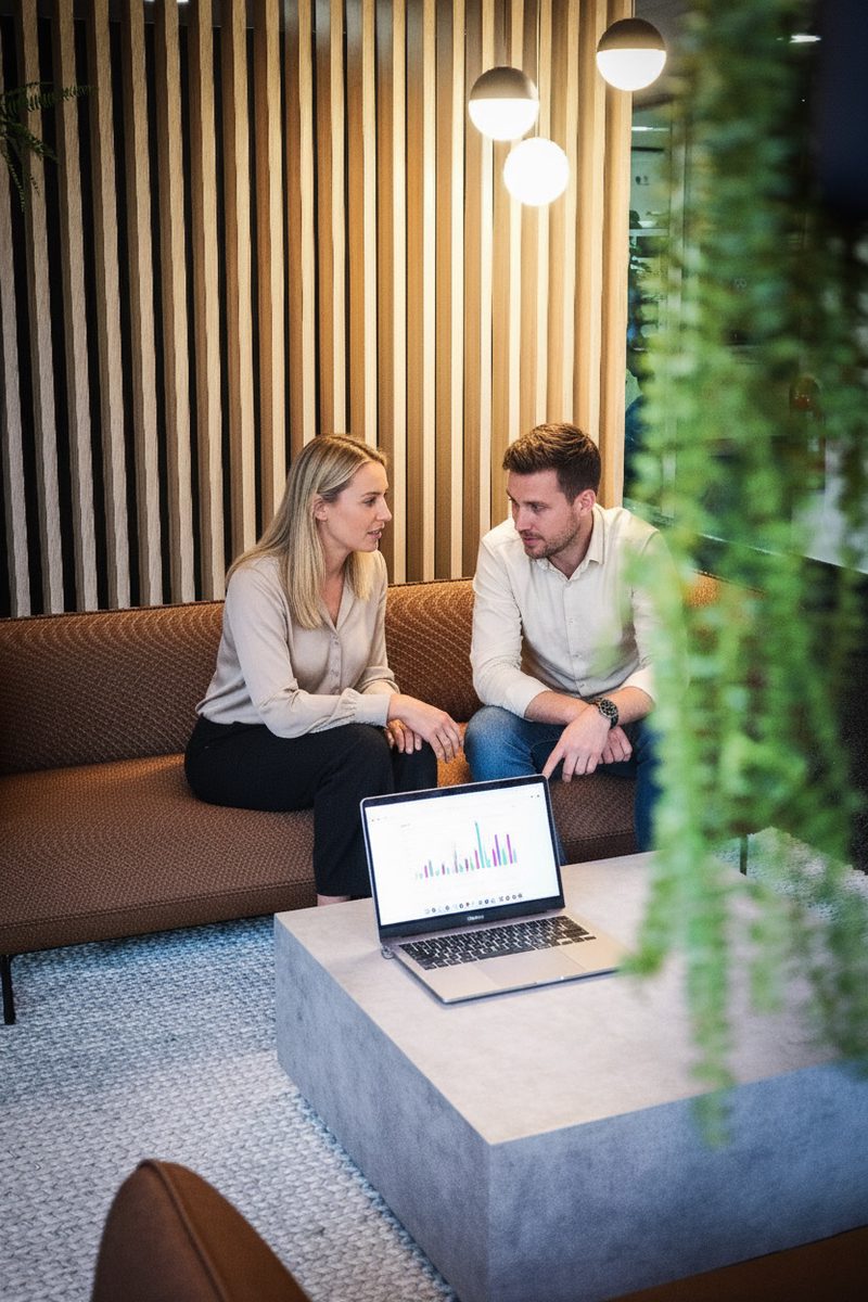 Zwei Personen auf einer Sitzbank mit Laptop, dahinter eine Wand aus Holzlamellen und hängende Pflanzen