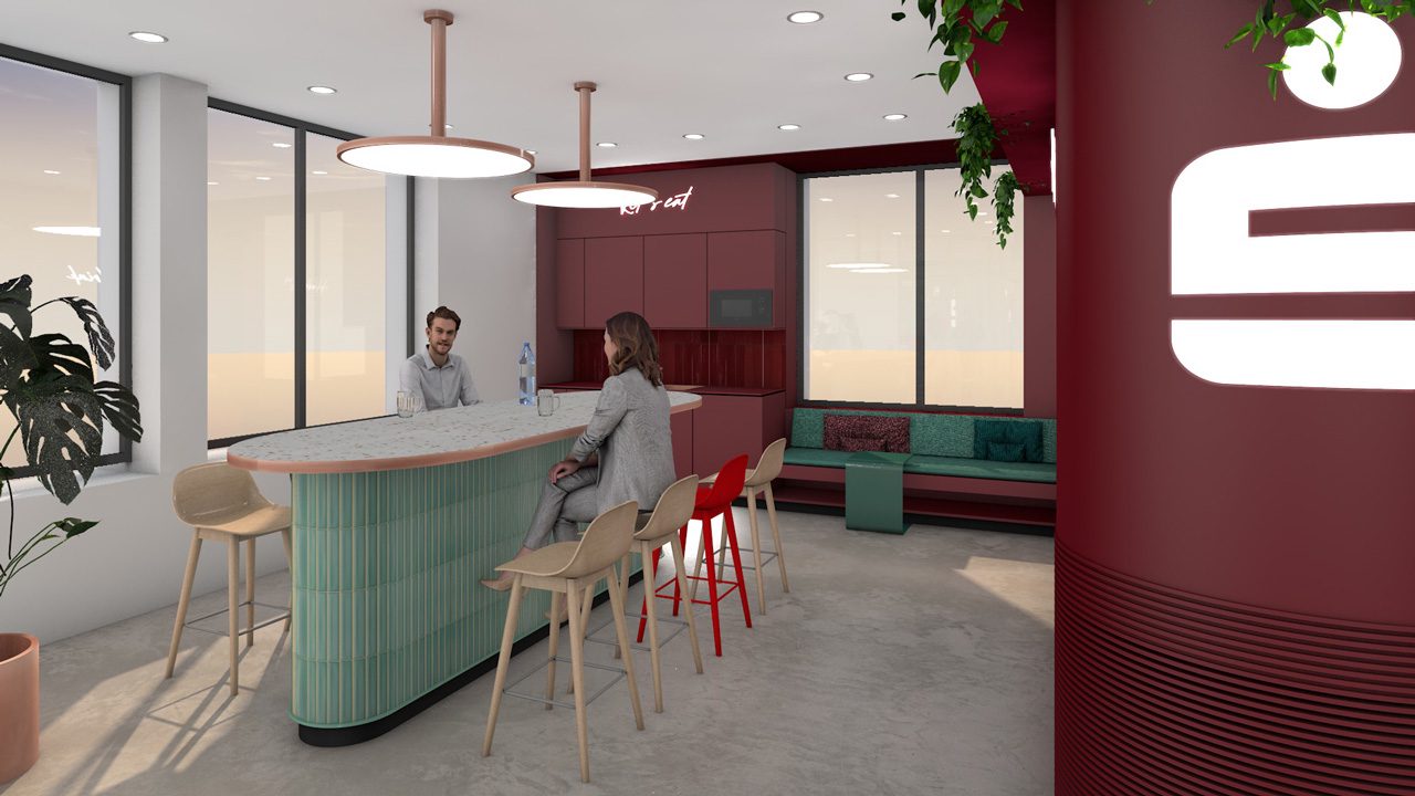 Küche mit mintgrüner Theke, roten Barhockern und roter Sitzbank am Fenster