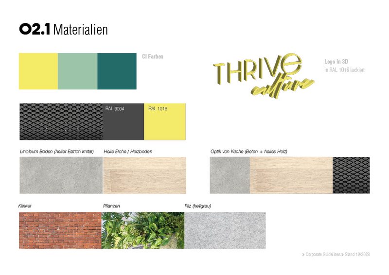Materialtafel des Gestaltungskonzepts: Farbfelder in Gelb und Petrol, dazu Muster von Linoleum, Beton und Pflanzen
