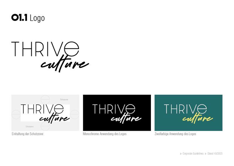 Logoentwurf „Thrive culture“ in drei Farbfassungen auf Weiß, Schwarz und Petrol