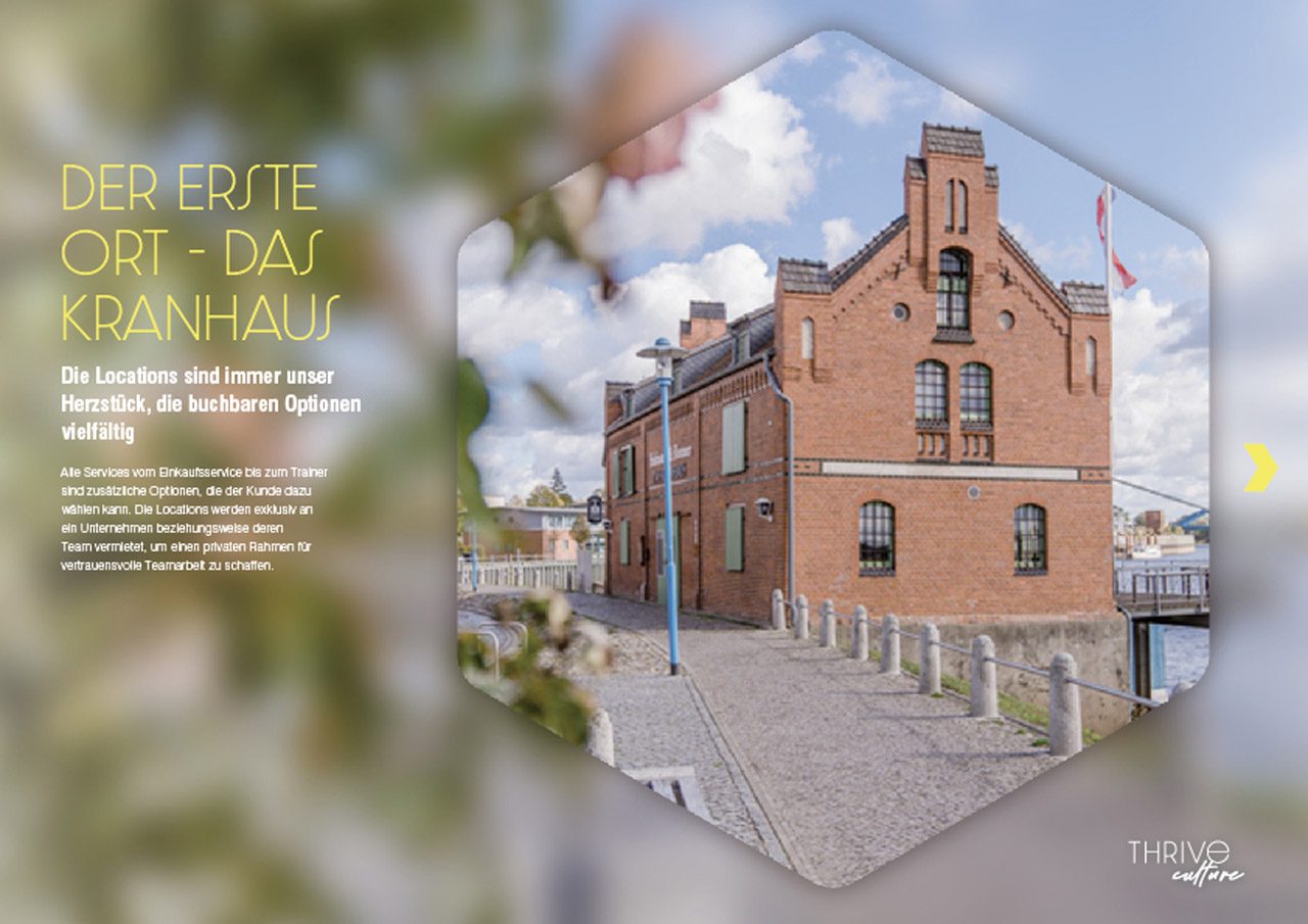 Präsentationsseite mit dem Titel „Der erste Ort: das Kranhaus“ und einem Foto des Backsteingebäudes