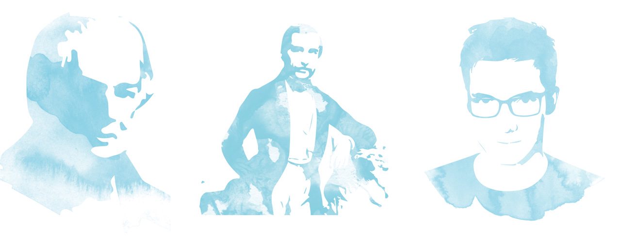 Grafik in Blau: historische Darstellung eines Mannes mit Werkzeug