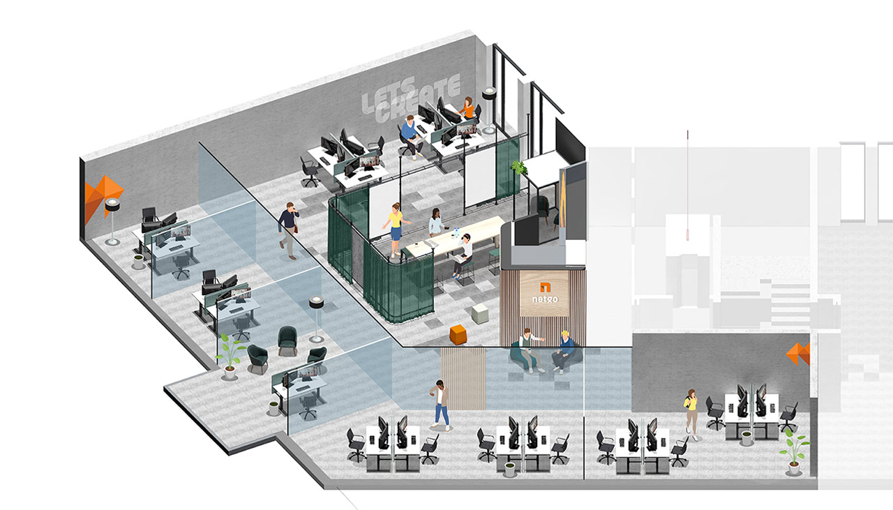 das Colab, New Work, Workspace, Netgo Berlin, Arbeit, Buchungssystem, 3d, Isometrie, Illustration