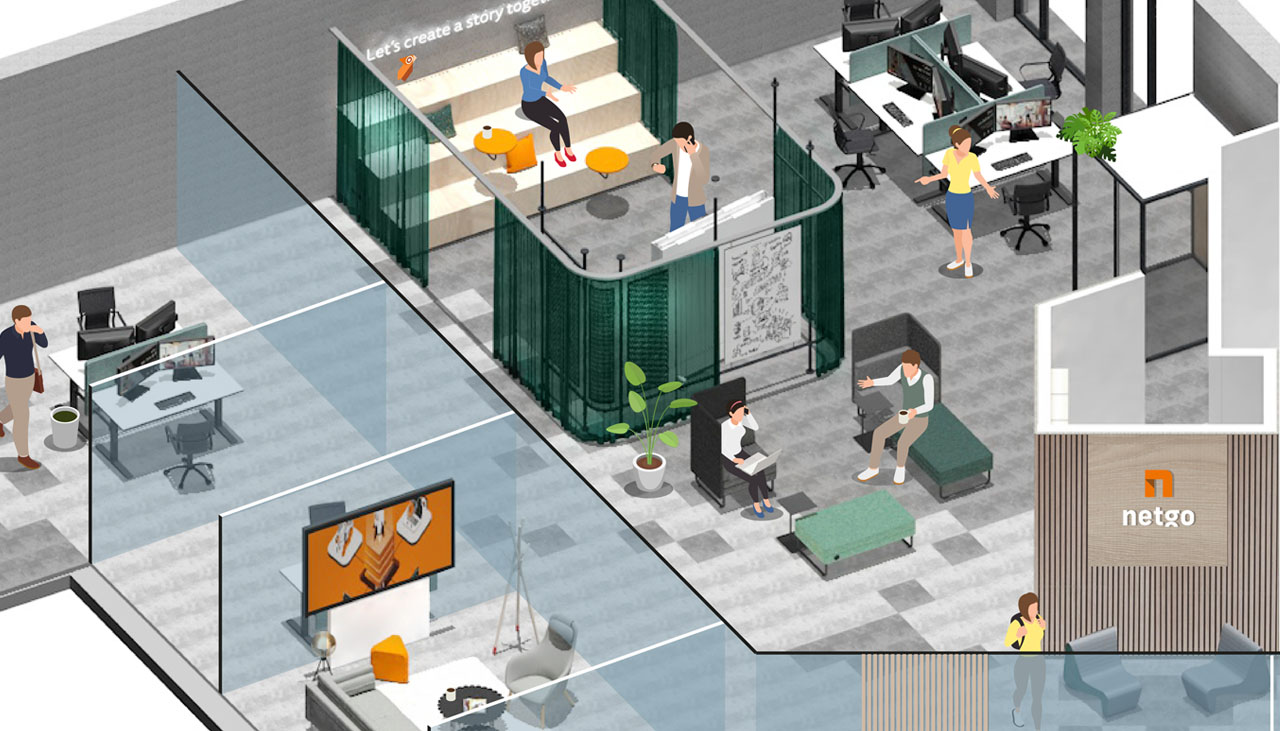 das Colab, New Work, Workspace, Netgo Berlin, Arbeit, Buchungssystem, 3d, Isometrie, Illustration