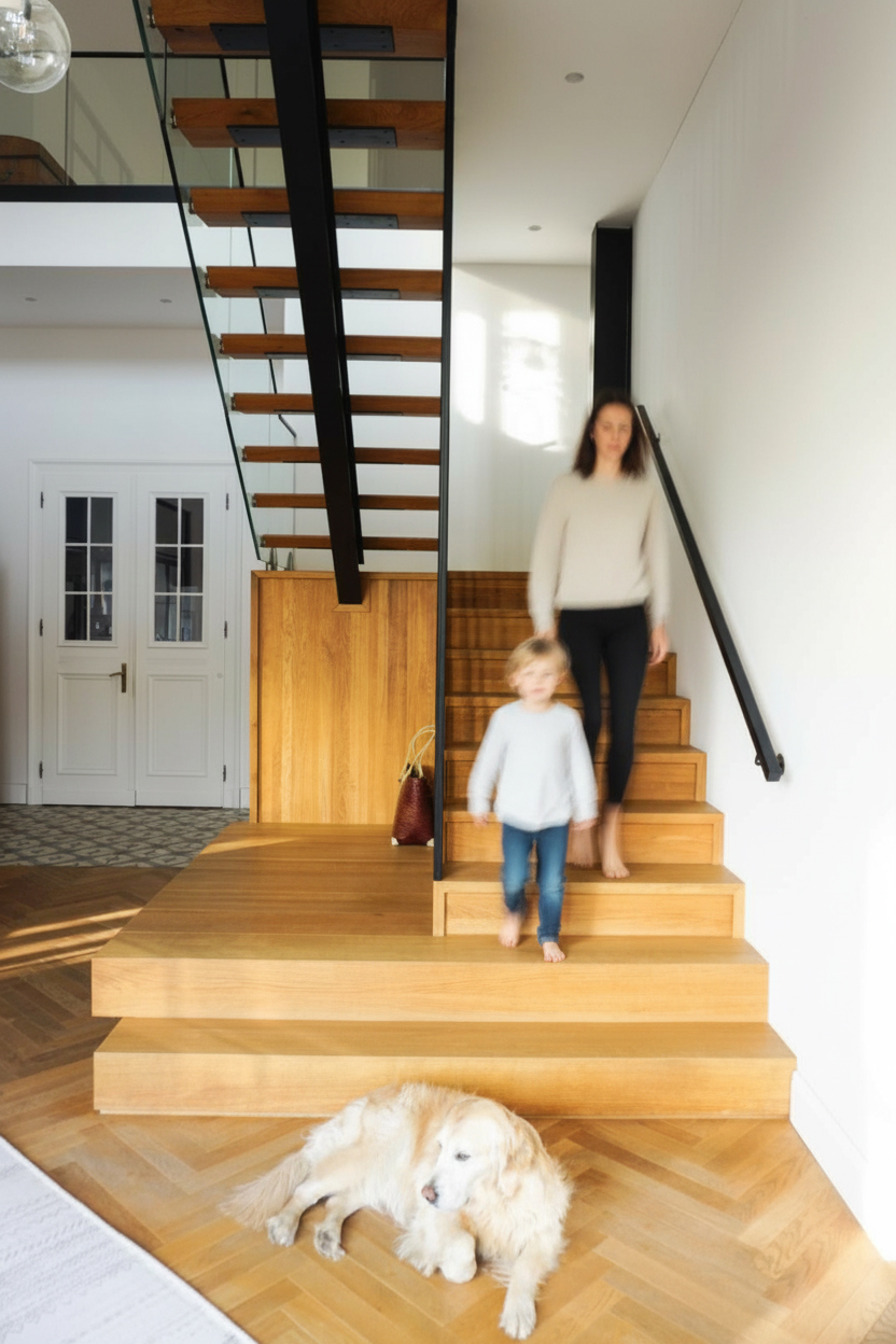 Treppenhaus Denkmal Stahlkonstruktionen Holzpodest Alt trifft Neu