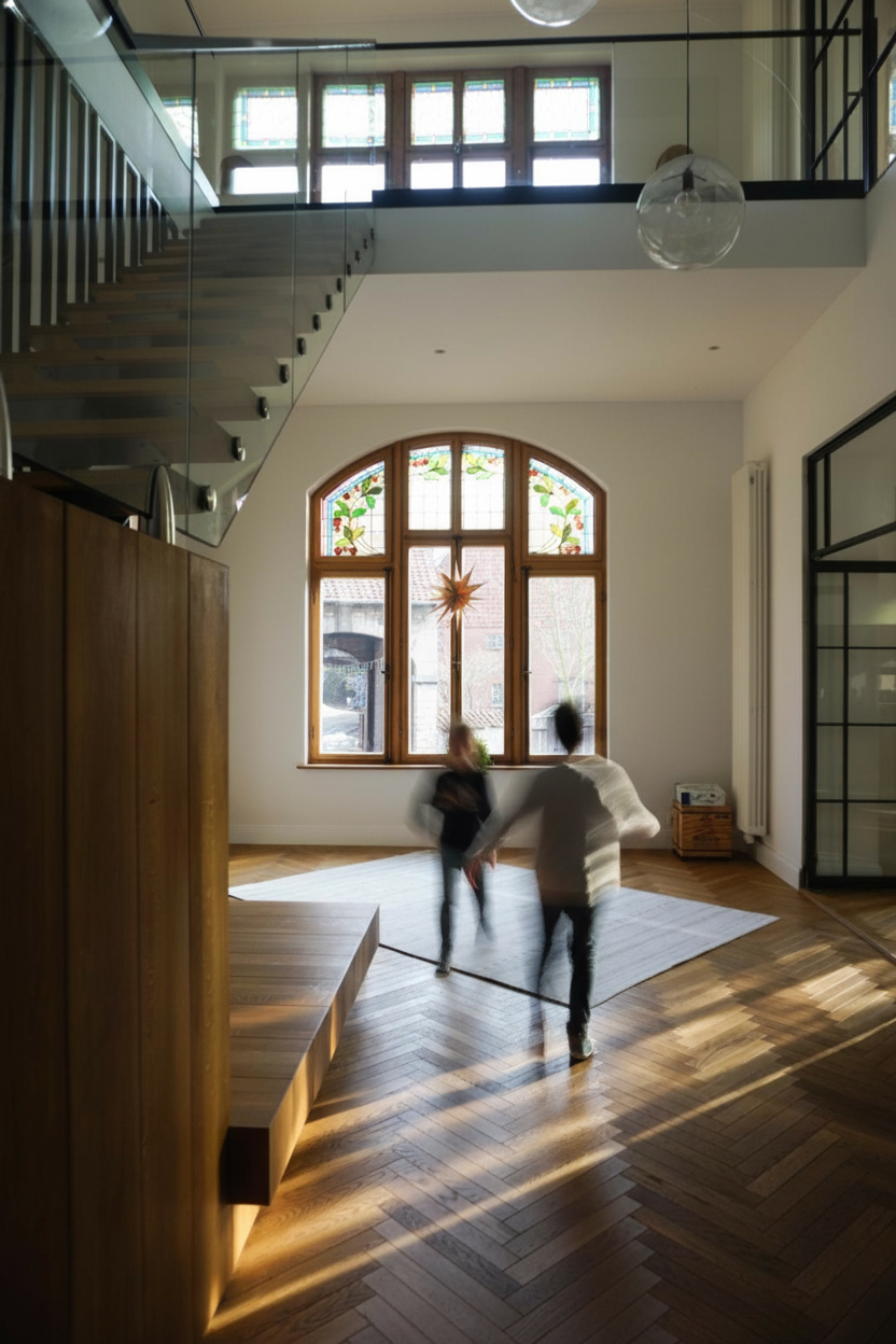Treppenhaus Denkmal Stahlkonstruktionen Holzpodest Alt trifft Neu Jugendstil Fenster